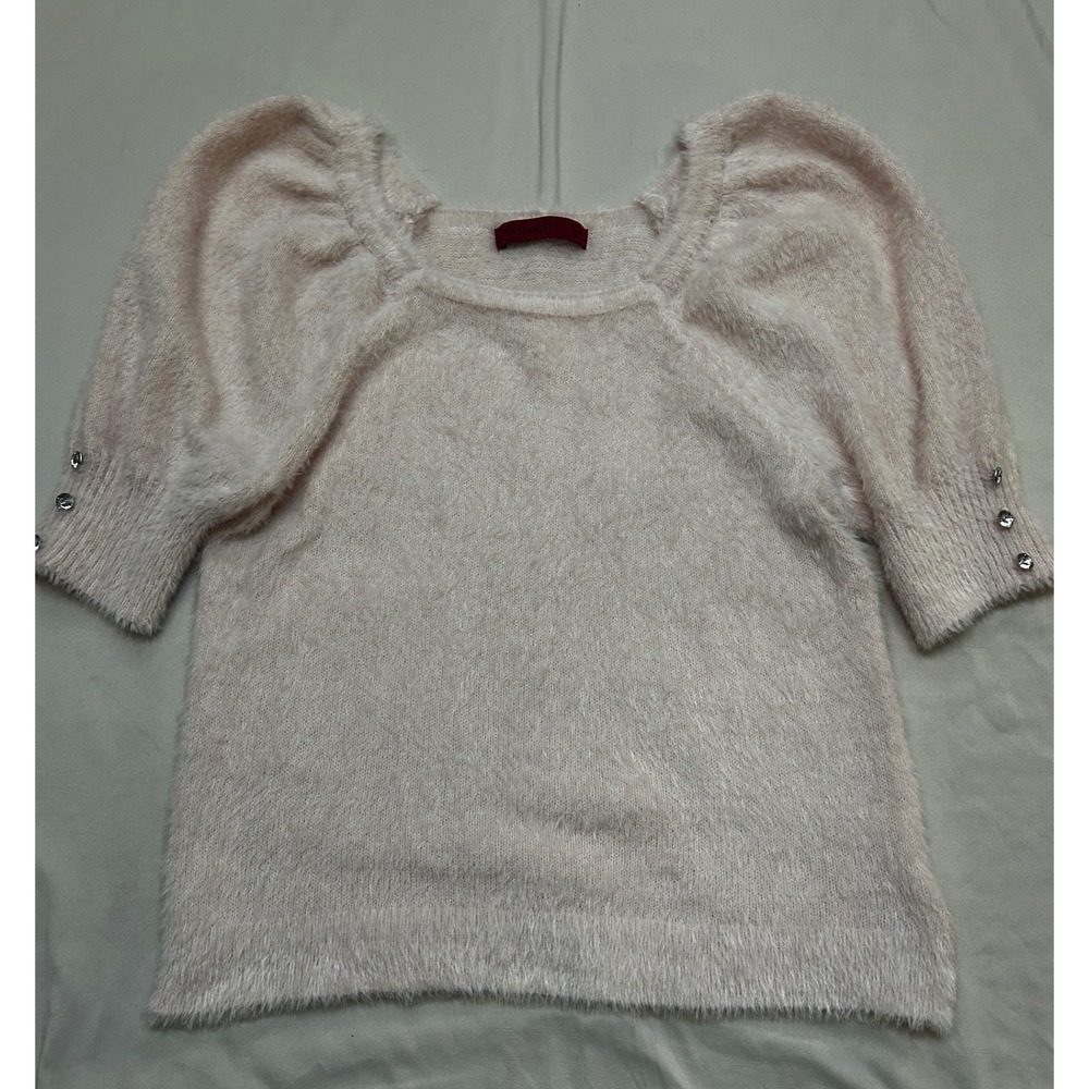 Love Scarlett Fuzzy Puff-Sleeve‎ Sweater Womens L Pink Sparkle Button Detail